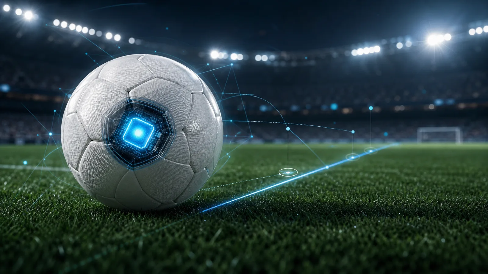 Balón de fútbol con sensor digital y líneas de seguimiento sobre una cancha iluminada