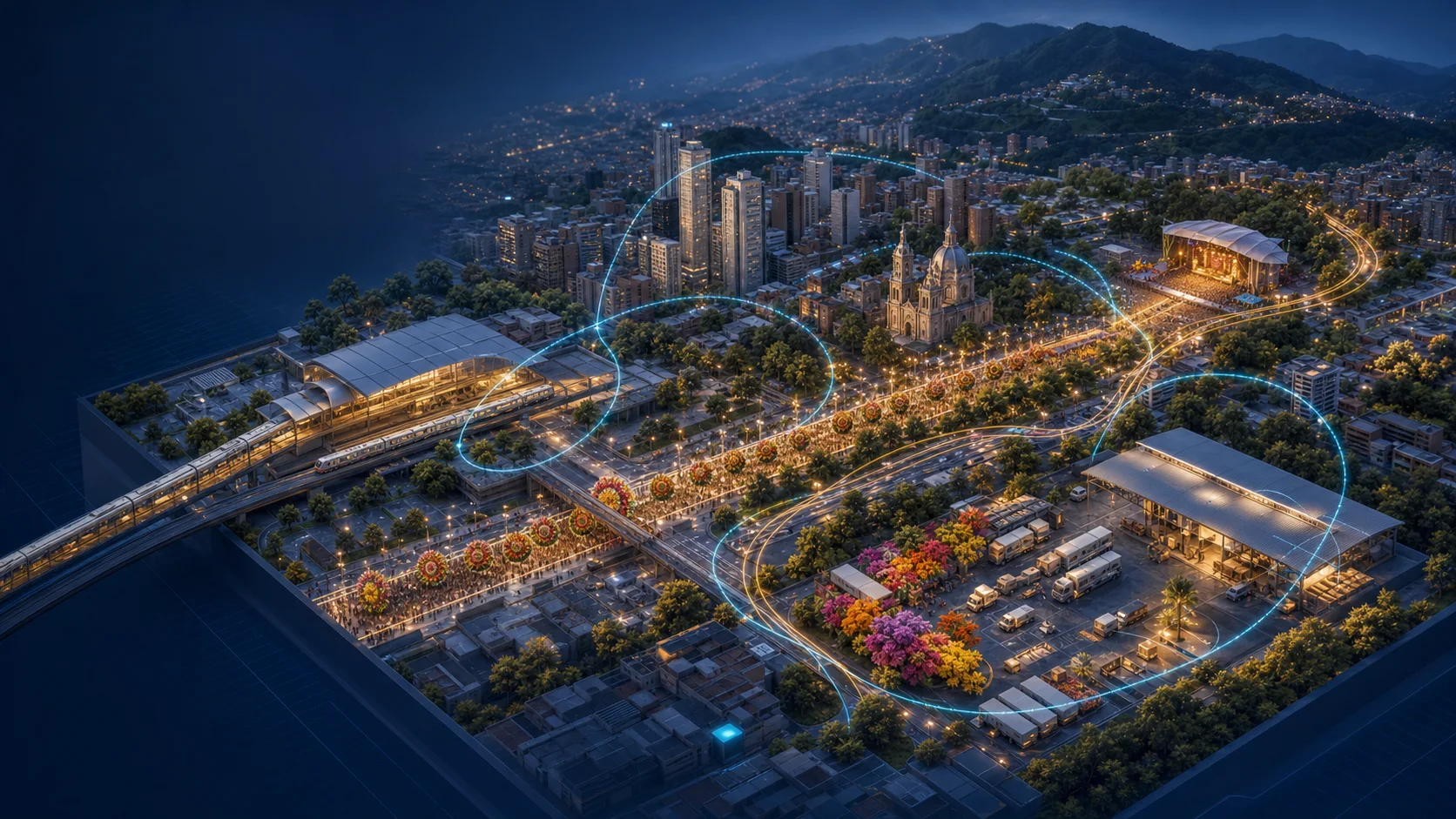 Modelo digital de Medellín con una estación de Metro, rutas de desfile, escenario y nodos logísticos conectados por líneas de datos