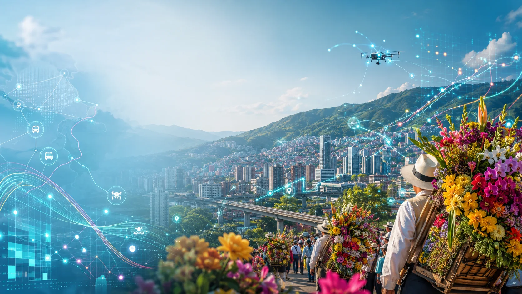 Silletero con una silleta de flores frente a Medellín, con rutas y conexiones digitales superpuestas sobre la ciudad