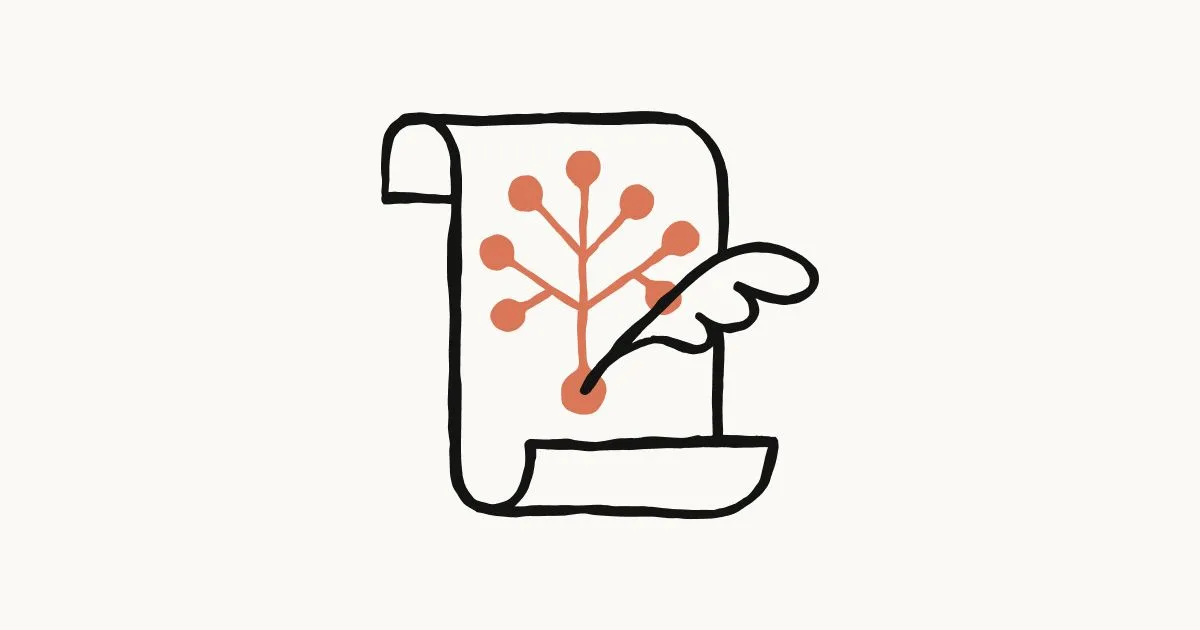 Ilustración oficial de Anthropic para la constitución de Claude: un pergamino con una planta de nodos naranjas y una pluma dibujados a mano