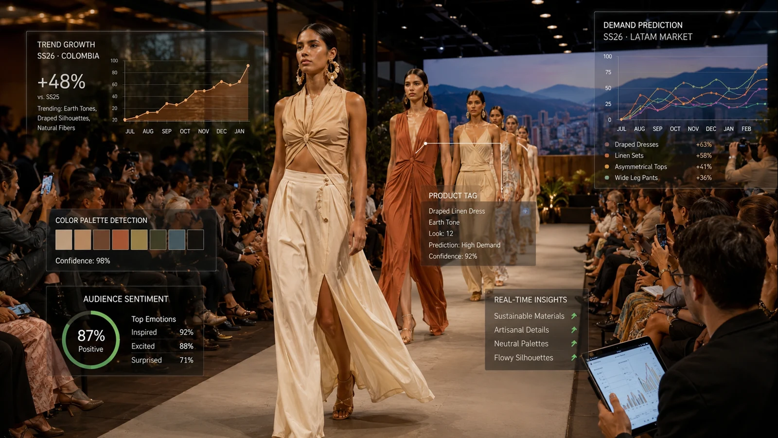 Modelos desfilando con prendas en tonos tierra mientras gráficos de tendencia y demanda se superponen sobre la pasarela