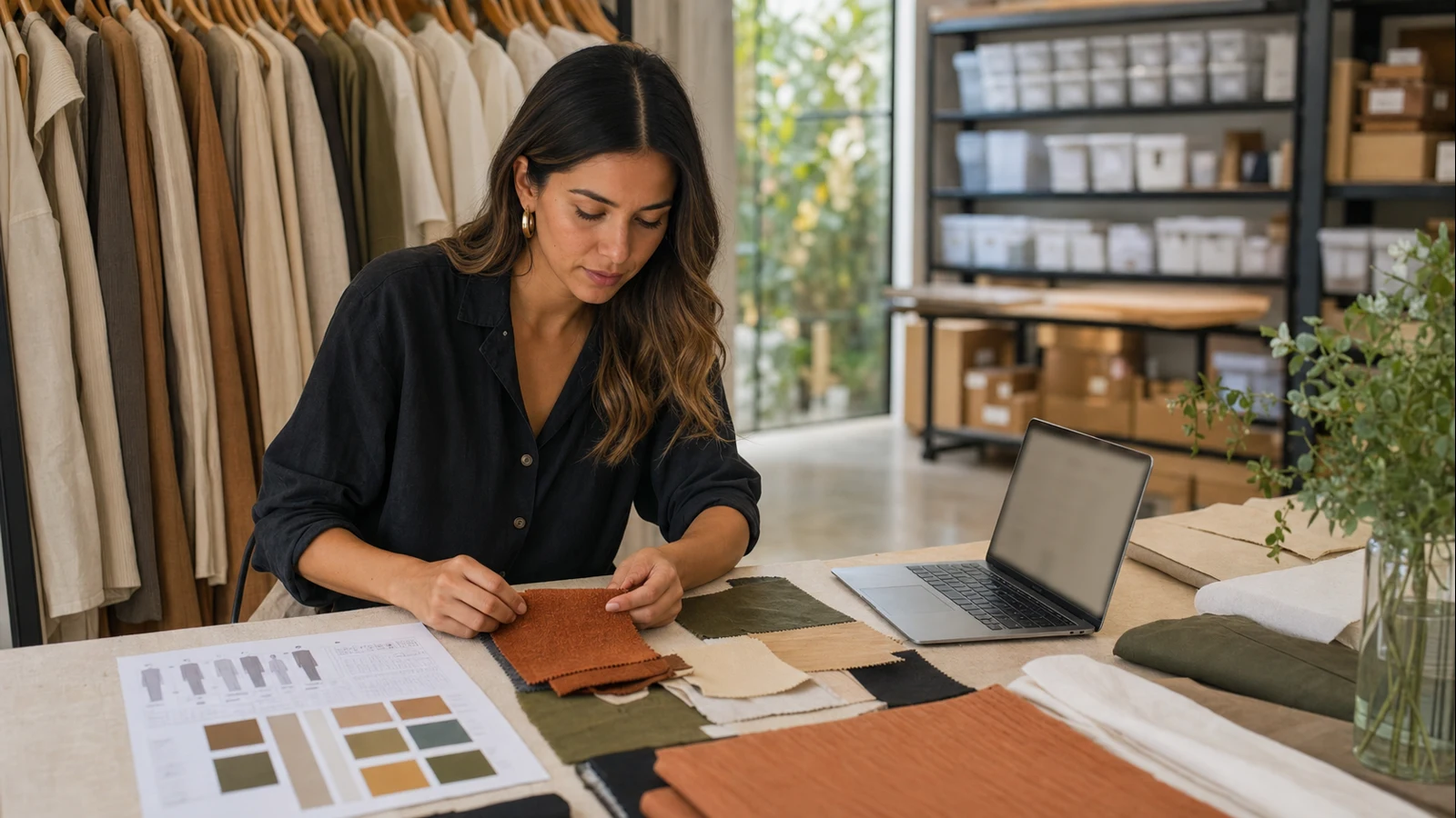 Merchandiser revisando muestras textiles junto a un portátil, un perchero de prendas y estanterías de inventario organizado