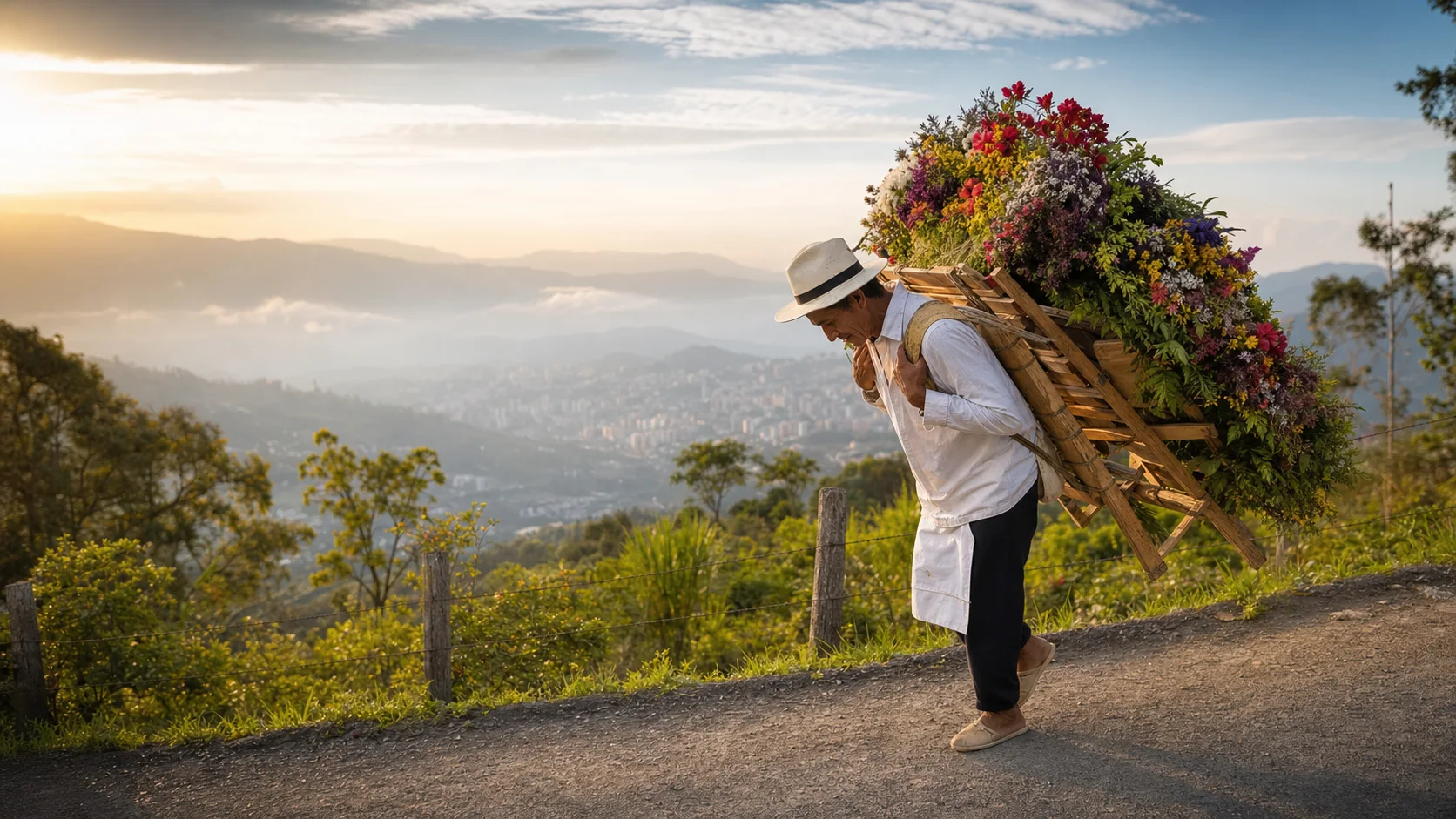 Silletero caminando con una silleta de flores por un camino de Santa Elena al amanecer, con Medellín al fondo