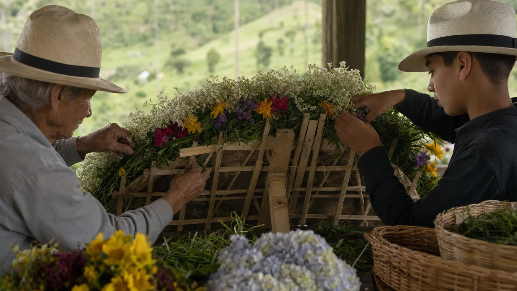 Familia silletera ensamblando una silleta de madera y flores en una finca de Santa Elena