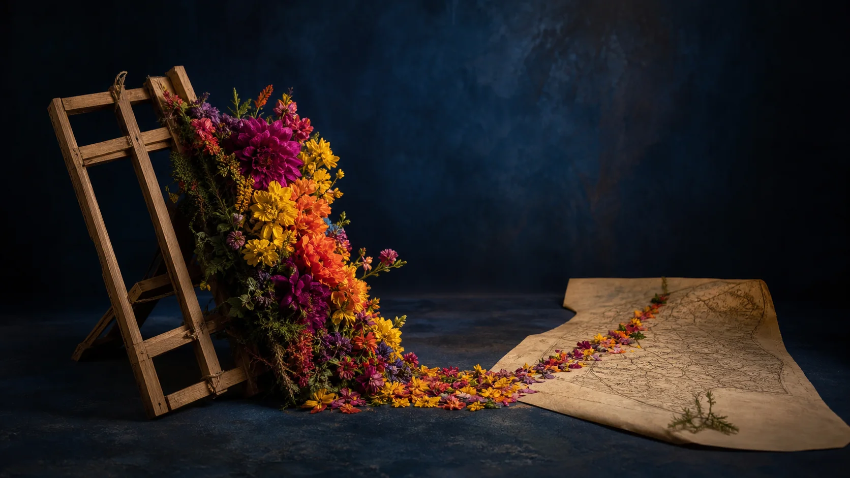 Silleta de madera con flores junto a documentos de archivo en una composición editorial de tonos azules